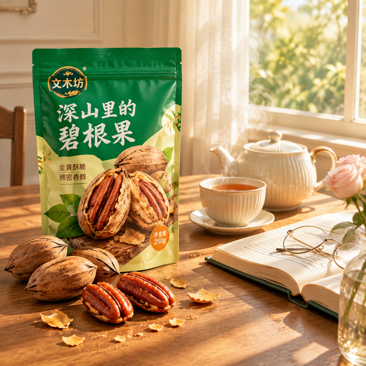 超写实食品场景摄影。 [主体] 文木坊碧根果包装袋严格参照上传… - 图片创意预览