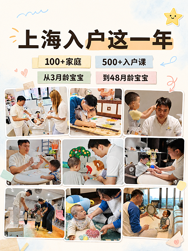 小红书笔记大字封面，配图大字，ins清新手账拼贴风，版式精美，小红书笔记封面质感，适合信息流点击。主标题必须完整呈现且为画面视觉中心，逐字锁定：「上海入户这一年」。主标题字号占画面约25%视觉权重，大小适中，清晰可读，不得增删改字。关键数据文字：「100+家庭」「500+入户课」「从3月龄宝宝」「到48月龄宝宝」，放在标题下方，用便签条或色块底框样式呈现。背景：浅奶油米色+淡蓝色弥散渐变，干净柔和。标题排版：扁平粗黑体，深棕黑色主标题，居中排列，关键词加浅橘色色块底框高亮，手账拼贴风格。配图：整体布局和九宫格拼贴风格与参考图【图1】保持一致，只把主标题改为「上海入户这一年」，其余布局、照片排列、装饰元素都保持不变。装饰：1个星星emoji贴纸在右上角，手绘波浪线和箭头装饰，加少量胶带和便签角标点缀，emoji不与主标题逐字混排。整体氛围：充实成长、温暖治愈、入户早教老师的年度总结感。画质：高清细腻，信息层级清晰，主标题与背景强对比，文字完整处于安全区内不可裁切，四周留安全边距。画面比例3:4，4K。图生图：严格使用用户上传图片，【图1】=参考版式底图，只修改主标题文字内容。