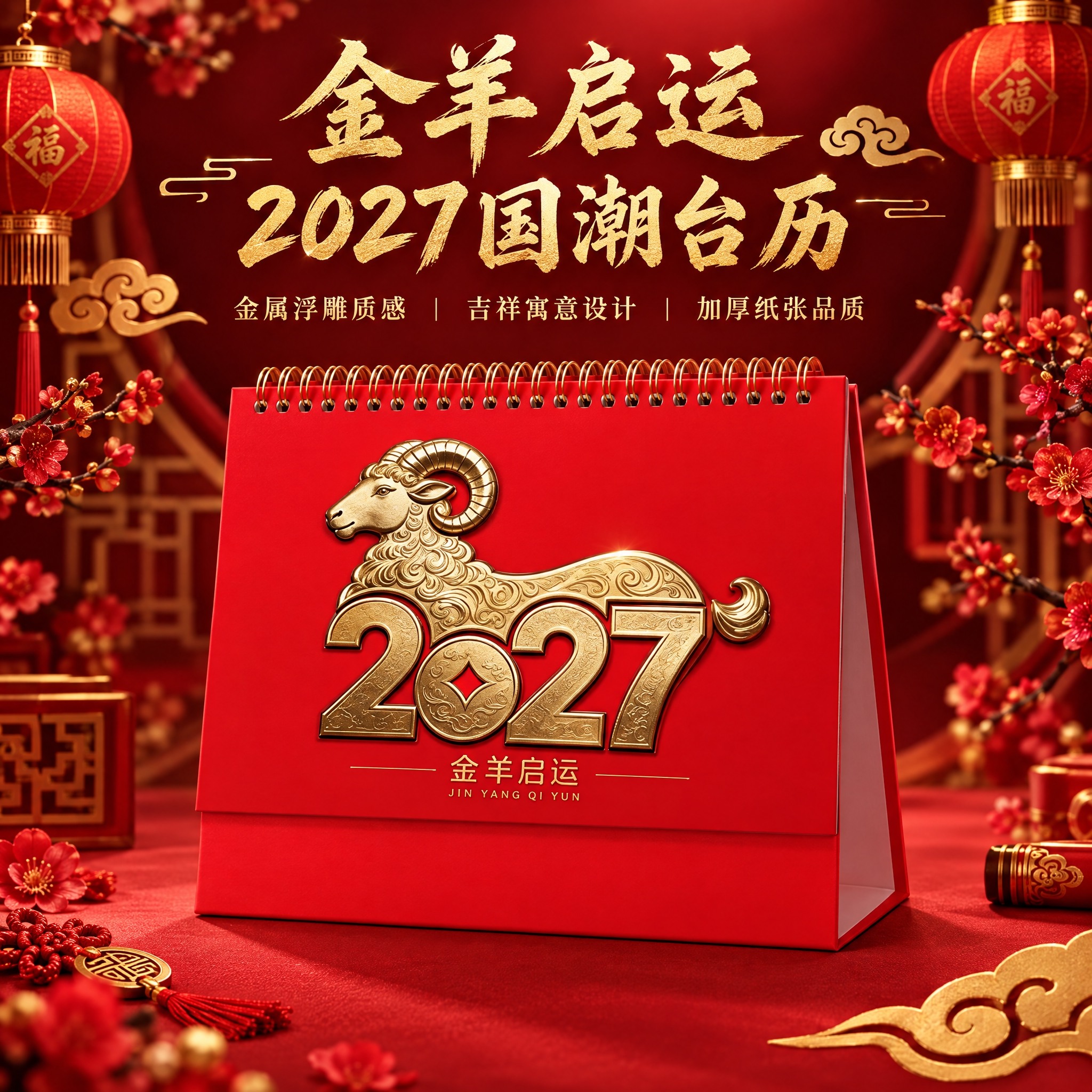生成金羊启运款台历单品主图。国潮喜庆风格，红金主色调，深红色渐… - 图片创意预览