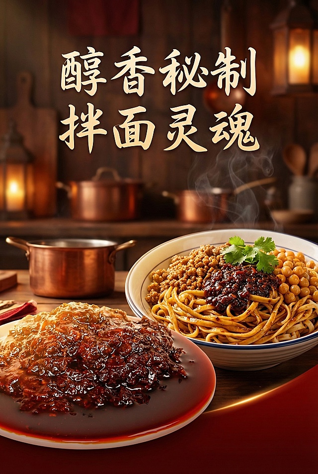 拌面酱宣传海报，电影质感，氛围感强，充满美食诱惑力，还原拌面酱本身的油亮色泽和醇厚质感，也可结合拌面的成品效果，暖调光影，画面高级有食欲，和之前生成的构图不同