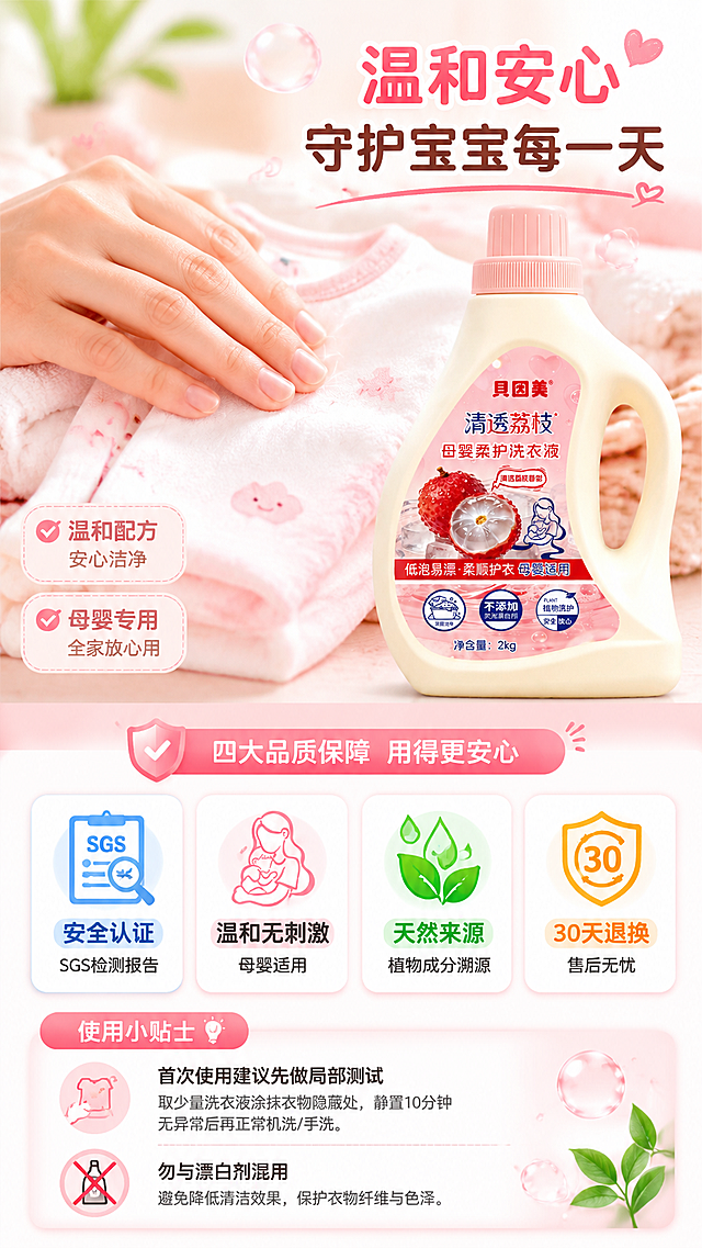 [第8屏] 信任保障与收尾屏-温和安全承诺+使用说明。[氛围/风格] 安心信赖风，浅粉底+柔光，图标矩阵+真人手部特写增强可信。[元素布局] 上半部为妈妈轻抚婴儿衣物特写（手部清晰，衣物柔软），产品【图1】置于右下角；中部为四大保障图标矩阵：①SGS检测报告图标+“安全认证”；②母婴适用标识+“温和无刺激”；③植物成分溯源+“天然来源”；④售后无忧+“30天退换”；底部为使用小贴士：“首次使用建议先做局部测试”“勿与漂白剂混用”。[光影质感] 手部主光柔和，突出皮肤与织物触感；图标区域均匀布光，无反光。[配色色系] 全局底色：#FEF5F5（柔粉）；主色：#388E3C（安全绿）+#1976D2（信任蓝）+#D32F2F（警示红-仅用于注意事项）；产品色同【图1】。[视角构图] 上图中图标下文字，三段式垂直布局；手部图占上1/2，图标矩阵居中1/3，贴士居下1/6。[文字版式] 图标下标签≤6字；贴士用灰色小字，不加粗；主视觉无促销话术，聚焦安全与服务。[比例分辨率] 9:16竖版，4K分辨率。[负向提示词] 人物肖像侵权，认证图标伪造，承诺夸大，文字遮挡，产品比例失调。