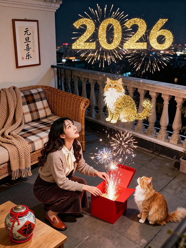 国潮风与虚拟现实交融，鎏金粒子绽放2026新年烟火，萌猫相伴，喜庆梦幻，温馨可爱，趣味十足。