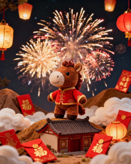 主题：马年春节微景观插画  
内容：Q版毛绒小马，棕褐色毛绒质感，穿红唐装，在微型屋顶或山丘下仰望绽放的烟花，周围有灯笼、福字和红包，祥云环绕  
风格：微景观Q版可爱风，温暖治愈，红金棕褐色调，夜景预览效果