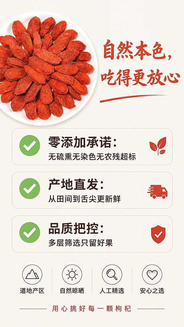 [第7屏] 信任背书与售后承诺，突出零添加产地直发。本屏使用【图1】枸杞作为产品展示。
[氛围/风格] 真诚可靠风格，干净简洁，突出安全放心的信任感，商业摄影质感。
[元素布局] 产品图放置在画面左上方，占比约40%，右侧和下方放置信任卖点，每个卖点配勾选图标，枸杞外观颜色与输入产品图保持一致，整体排版干净清晰，信息明确。
[光影质感] 柔光均匀照明，产品纹理清晰，文字区域明暗适中，整体干净通透。
[配色色系] 全局底色 #F7F5F0；主色枸杞红色、绿色勾选图标；辅助色深棕色文字。
[视角构图] 左产品右文字的不对称构图，视觉平衡，阅读动线从左到右再向下。
[文字版式] 主标题「自然本色，吃得更放心」，三个卖点分别标注：「零添加承诺：无硫熏无染色无农残超标」、「产地直发：从田间到舌尖更新鲜」、「品质把控：多层筛选只留好果」，标题字体温润书法字体，正文圆角深棕色字体，每个卖点配绿色对勾图标，文字不遮挡产品主体，清晰可读。
[比例分辨率] 9:16竖版比例，4K分辨率，文字清晰可辨，高清画质。
[负向提示词] 产品变形，文字错乱，颜色偏差，水印，排版混乱，产品模糊