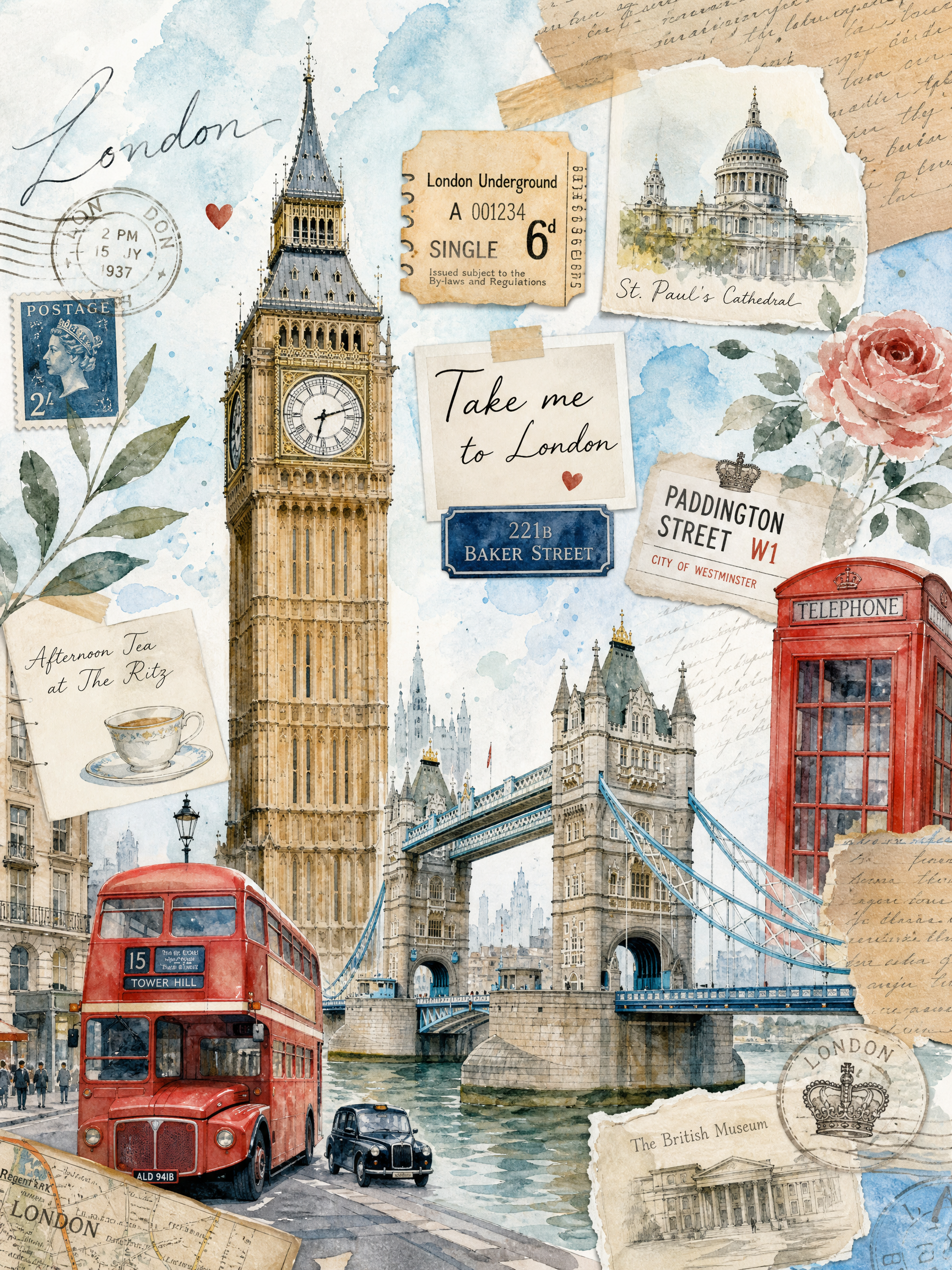 英国建筑手绘粘贴画，水彩画风格偏清新，画面展现英国经典建筑如大… - 图片创意预览