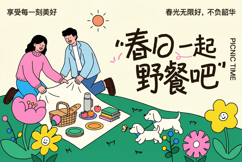 和参考图风格一致，扁平描边插画，春日出游相关主题，画面活泼明亮预览效果