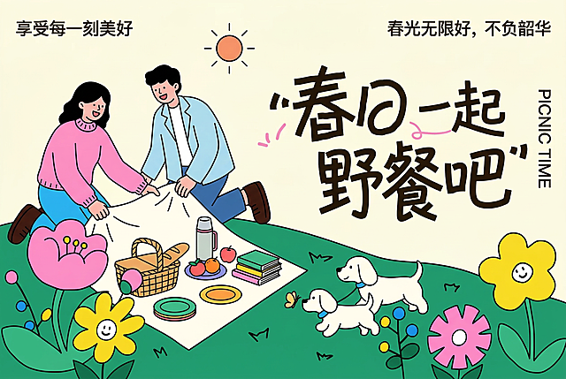 和参考图风格一致，扁平描边插画，春日出游相关主题，画面活泼明亮