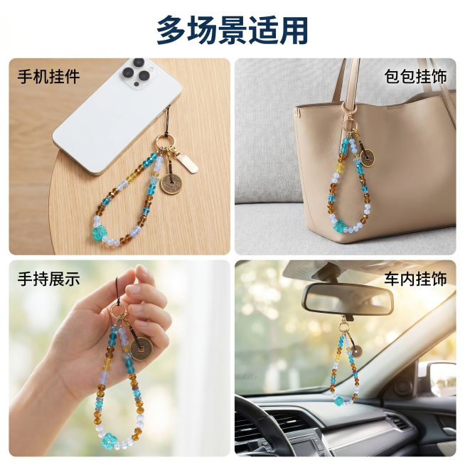 [主图 4] 手机链多场景使用展示
[氛围风格] 生活化氛围感，自然清新
[画质] 商业摄影质感、光线柔和通透、产品清晰真实、画面干净高级
[元素] 采用四宫格场景展示，每个小格子分别展示手机链挂在手预览效果