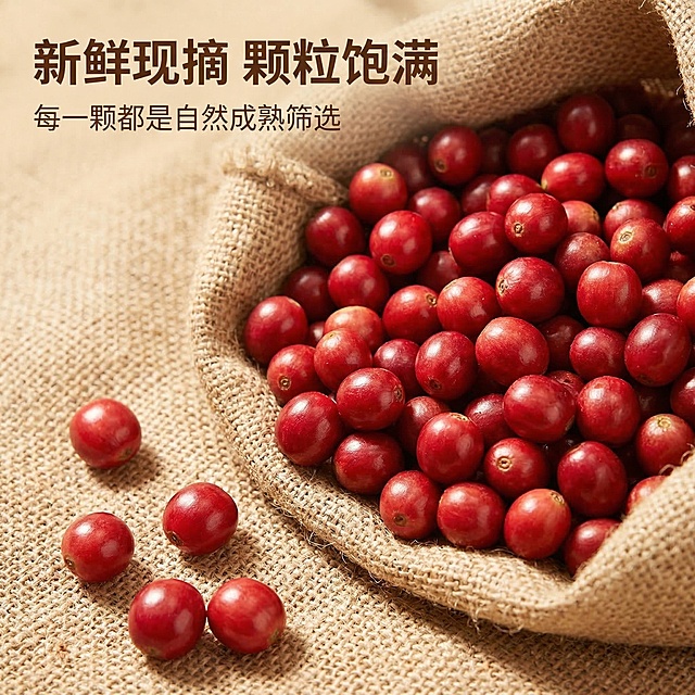 [垫图] https://gdesign-dam-hz.dancf.com/35894009740775531/54975d74303640988cd778df1921fb27.jpg
[主图主题] 新鲜咖啡鲜果细节展示主图
[氛围/风格] 新鲜鲜果质感，自然通透风格，食欲感满分
[画面元素] 新鲜采摘的鲜红色咖啡鲜果铺满编织麻袋中，果粒圆润饱满，表面带有自然果霜光泽，几颗鲜果挑出放置在麻袋上展示完整外观，自然光从上方照射，突出鲜果水润质感，背景全屏铺满，无边框
[配色色系] 主色调：鲜红色（鲜果）、麻灰色（麻袋）；辅助色：暖黄色（自然光）
[视角构图] 俯视拍摄，鲜果主体占据画面80%区域，景深较浅突出鲜果颗粒细节
[文字版式] 文案 " 新鲜现摘 颗粒饱满 "，副标题 " 每一颗都是自然成熟筛选 "，浅棕色无衬线字体；主标题位于画面左上角，副标题在主标题下方，文字悬浮在麻袋留白区域不遮挡鲜果，整体干净突出产品新鲜度