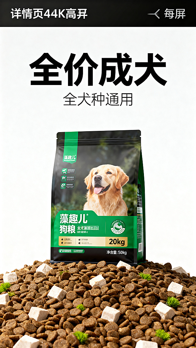 电商详情页首屏，主文案"全价成犬"，副文案"全犬种通用"，主文案居中放大粗黑字体，副文案在主文案下方纤细浅色，藻趣儿狗粮20kg包装袋居中摆放，背景简约干净，产品占画面60%，对称构图，真实实景拍摄风格，4K高清，明亮干净，产品边缘清晰，色彩饱满自然，符合电商海报规范