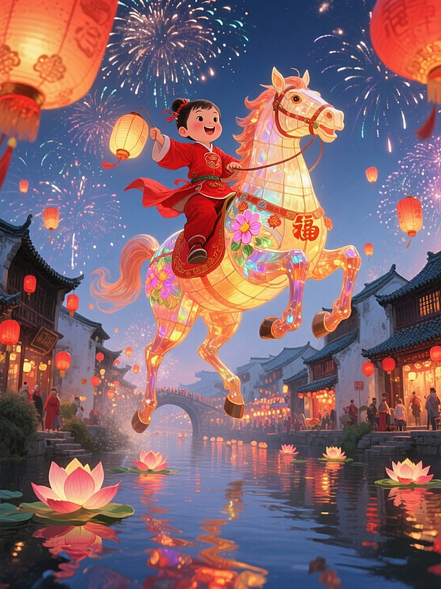 空中穿红衣传统服饰的福娃骑着马造型的巨型花灯从远处奔腾而来，背景是古风小镇的灯会场景，青瓦白墙、红灯笼挂满街道，河面上漂浮着荷花灯，空中绽放烟花与流光特效，整体呈现浓郁的传统年味。