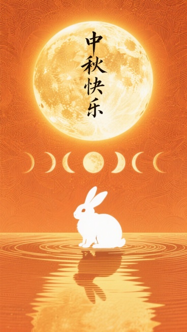 生成中秋海报，从深橙色在顶部到淡黄色在底部。在中央，有一个巨大的发光圆形（代表月亮），从金黄色渐变到软橙色。在这个主圆的下面，排列一个横面的、较小的、半透明的月相（从新月到满月）向中心下降的序列。在主预览效果