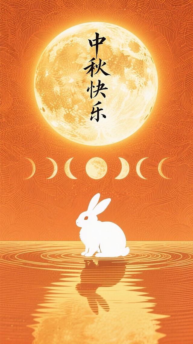 中式感水墨风插画，剪影玉兔映月，鎏金波纹荡漾，梦幻唯美感十足，中秋佳节氛围浓厚。