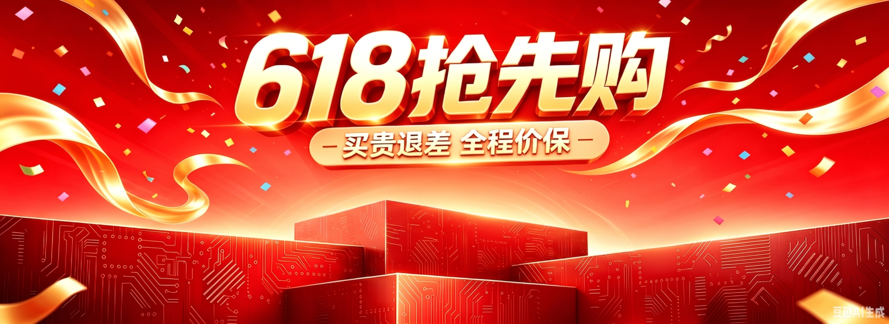 去掉图片中所有产品，保留红色电路展台、红色背景、金色飘带和彩片，保持顶部标题“618抢先购 买贵退差 全程价保”不变，背景和展台自然衔接，保持原风格和画质预览效果