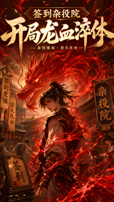 番茄小说玄幻短故事封面，标题"签到杂役院，开局龙血淬体"，古色古香风格，少年主角在杂役院中，周身萦绕着沸腾的赤色龙血气雾，充满玄幻感，书名文字突出显示在封面顶部，整体色调偏红金预览效果