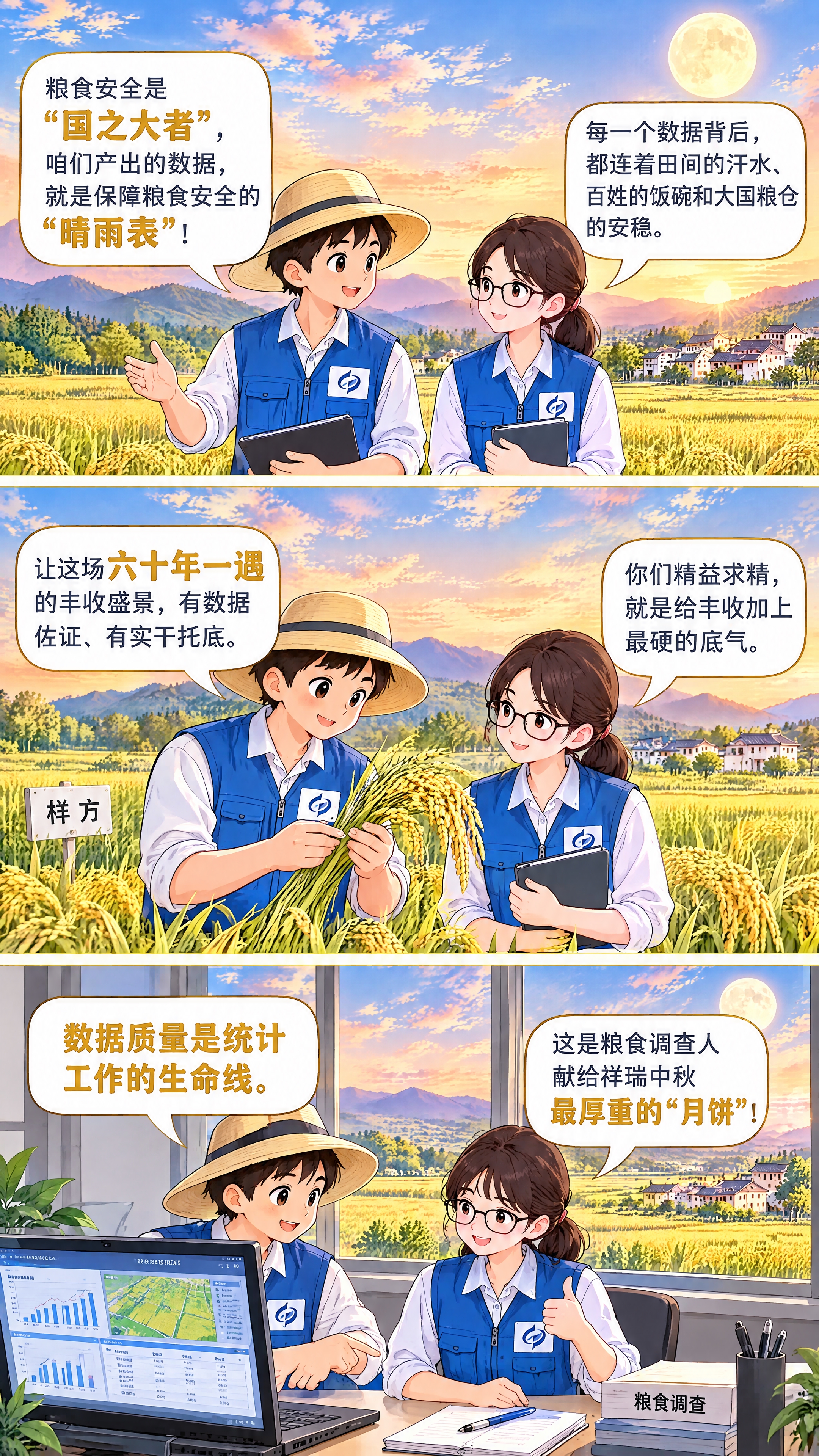 竖版三格漫画长图，动漫插画风格，与中秋丰收系列衔接：柔和黄昏色… - 图片创意预览