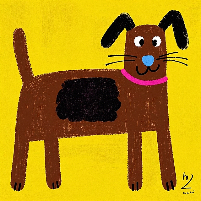 蜡笔风涂鸦，可爱卡通小狗，黄色背景，童趣十足。