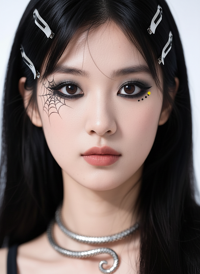 美妆博主的万圣节妆容，带有：黑白色系眼影，左眼旁有蜘蛛网状图案，右眼黑色尖刺状眼线，点缀黑色圆点，点缀黄色色彩；银色金属发夹、蛇形项链
