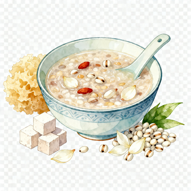 统一手绘插画风格的茯苓薏仁粥，尺寸和比例与百合银耳羹一致，PNG透明背景，碗装粥品，器皿周边添加茯苓、薏仁等相关食材元素，清新养生风格，干净通透预览效果