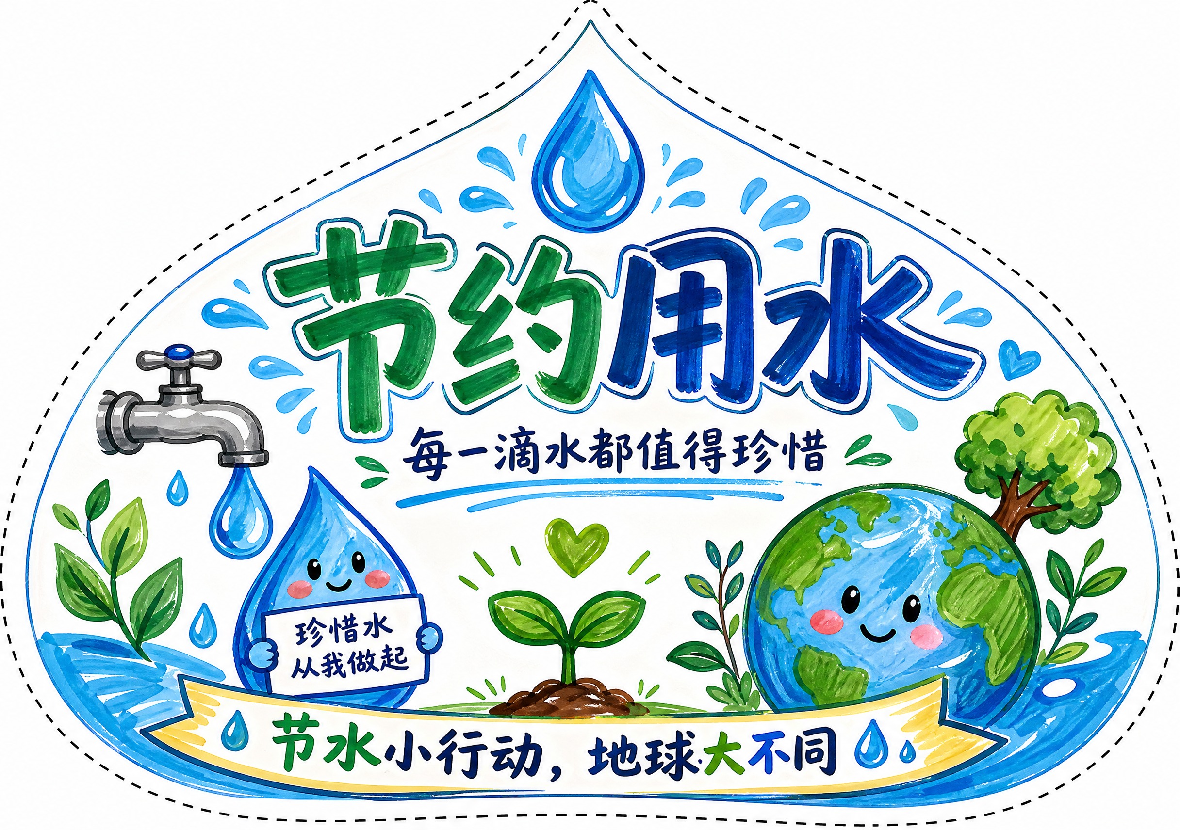 节约用水主题异形卡片设计，横版A4尺寸（297×210mm），… - 图片创意预览