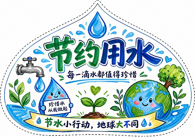 节约用水主题异形卡片设计，横版A4尺寸（297×210mm），纯白色背景。卡片主体为水滴形状的异形轮廓，轮廓边缘有清晰的模切虚线（刀版线），虚线沿水滴异形边缘均匀分布。整体采用马克笔手绘风格，手绘质感强烈，线条粗犷有力，色彩明快活泼。画面中央是大标题"节约用水"，马克笔手写体，醒目有力。副标题"每一滴水都值得珍惜"位于主标题下方，较小字号。画面中手绘水滴、小树苗、地球等节水主题元素，马克笔涂色风格，有明显的笔触痕迹和色块叠加效果。卡片底部有装饰短句"节水小行动，地球大不同"。整体版式精美，留白充足，异形卡片造型突出，模切虚线清晰可见，白底手绘风干净清爽。画面中所有信息区域必须填充完整合理的内容，不得出现空白框或待填写区域。