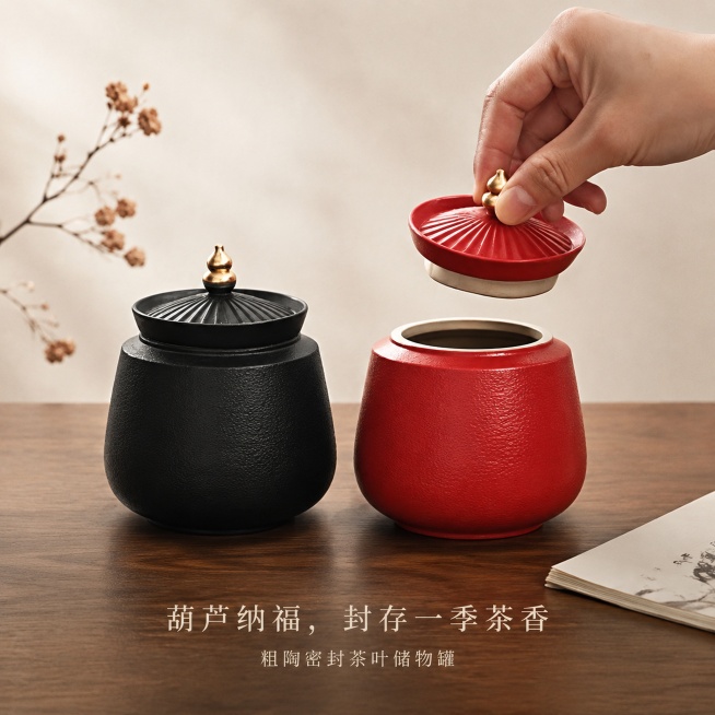 商业级产品摄影。
主体：茶叶储物罐严格参照上传产品图，完整保留两个罐体、开盖动作、所有可见组件、轮廓、结构、比例、材质、颜色与产品本体信息，与上传图完全一致。产品占画面60%~70%，完整不裁切，近景预览效果