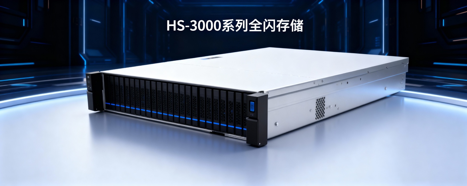 根据以上图片，这是一个全闪的存储系统，根据以上图片，生成5张分辨率1124*400的图片，生成背景高性能。显示HS-3000系列全闪存储字体。字体不能再设备上面。预览效果