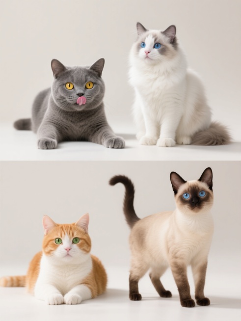超写实摄影风格，四只不同品种的小猫，上下两行对齐排列，浅色背景。第一行左侧：英国短毛猫，灰色毛发，黄色眼睛，吐着粉色舌头，前爪向前伸展；第一行右侧：布偶猫，白色毛发带灰色重点色，蓝色眼睛，坐姿，尾巴卷曲在身侧；第二行左侧：橘色加白美国短毛猫，绿色眼睛，趴在地上，前爪交叠；第二行右侧：暹罗猫，奶油色毛发带深色重点色，蓝色杏仁眼，站立姿势，尾巴翘起。所有猫咪毛发纹理清晰，具有柔软质感，光线从上方柔……预览效果