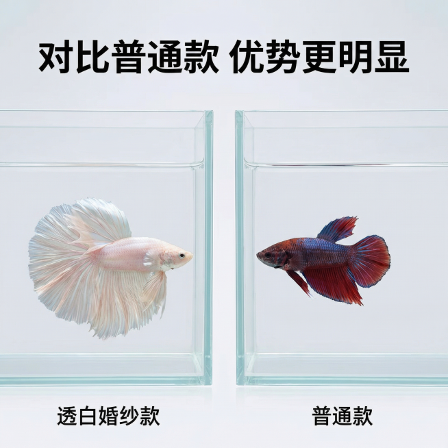[主图 6] 与普通斗鱼对比展示主图
[氛围/风格] 清晰对比，专业直观，真实自然
[画面元素] 左右分栏对比布局，左侧展示本款透白半月斗鱼，保留原有外观，右侧展示普通斗鱼，背景干净明亮，统一鱼缸光影预览效果