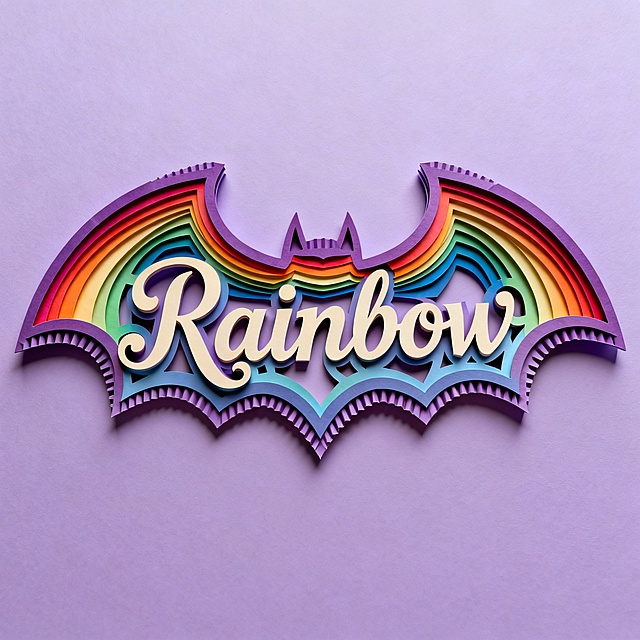 一个以彩虹色渐变呈现的蝙蝠轮廓LOGO，内部镂空出“Rainbow”字样，字体为华丽卷曲的手写艺术体，整体采用立体纸艺风格，边缘带有瓦楞纸纹理与轻微阴影，背景为纯净单一的浅紫色，无任何额外元素如二维码、电话、地址或品牌标识，视觉焦点集中于彩虹色蝙蝠与文字的精致层次与节日氛围。