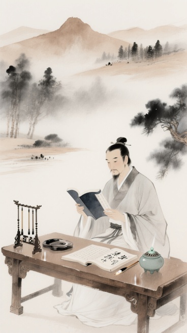 古风水墨画卷中，身着汉服的老师居中端坐，于古朴木案前持卷品读。案上错落陈列文房四宝：砚台、毛笔、笔架静立，青瓷罐与香炉添韵，展开的书卷墨香隐现。

背景以淡墨晕染远山近树，意境悠远。浅棕、米白与墨色交预览效果