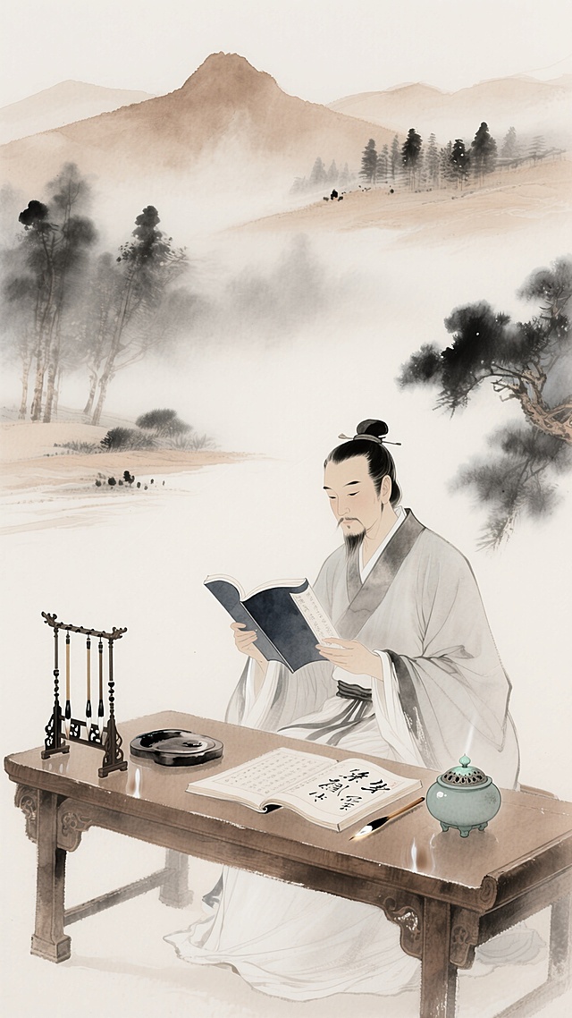 古典中式工笔水墨风，文人雅士静读诗书，山水环绕，意境深远。