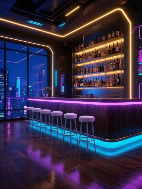 一个充满未来感的赛博朋克风格酒吧内部场景，深色木纹吧台搭配蓝色与紫色渐变霓虹灯带，吧台上整齐排列着五把白色高脚凳，吧台后方多层酒架上摆满各式酒瓶，顶部嵌入式暖黄色灯光与墙面隐藏式灯带交织，窗外是深蓝色调的城市夜景，木质地板反射着灯光呈现出流光溢彩的质感，整体氛围神秘而富有科技感，空间布局采用对称美学，光影对比强烈，突出赛博朋克特有的霓虹与金属、木质的材质碰撞，营造出沉浸式的未来都市酒吧体验。预览效果