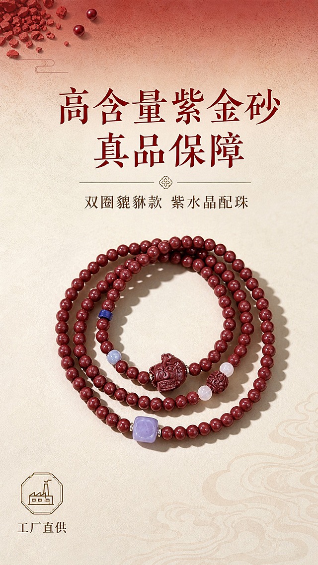 [主图-1] 首图点击率图，展示紫金砂双圈手串整体外观与高级质感，传递真朱砂高含量的品质身份感。
[统一基调] 高级红白渐变色调背景，从朱砂红到米白色的柔和渐变，背景带细腻纸质感肌理，哑光高级质感；整体风格统一为国风雅致高级感；字体使用文艺衬线体，主标题字色为深朱砂红，辅助文字为暖棕色，强调色为正红色；卡片与图标采用细金线描边+半透明米白底的精致样式。
[画面] 紫金砂双圈手串（双圈设计，含貔貅雕刻坠饰、紫水晶方糖配珠、白色隔珠）居中偏下摆放，放置在带有纸质感的浅米色肌理台面上，手串自然盘绕成双圈圆形，展示完整的双圈结构、貔貅吊坠细节和紫水晶配珠；主体占画面约50%；俯视45度视角；画面左上角有小型朱砂颗粒图标装饰，右下角有淡淡的祥云纹理暗纹；整体氛围静谧高级，突出珠宝质感。
[光影质感] 商业珠宝摄影质感，柔光箱主光从左上方打来，形成柔和的高光与阴影，朱砂珠子呈现温润的半通透光泽，貔貅雕刻细节清晰，紫水晶配珠有晶莹的反光；台面有轻微的接触阴影，产品不悬浮；整体光影柔和克制，无过曝。
[配色] 背景为朱砂红到米白的高级渐变，带纸质感肌理；产品为朱砂红+紫色+白色配珠；文字为深朱砂红主标题+暖棕辅助文字；整体色调统一在红白暖色系中。
[文字版式] 画面上方主标题大字「高含量紫金砂 真品保障」，字体为文艺衬线体，深朱砂红色；主标题下方小字「双圈貔貅款 紫水晶配珠」，暖棕色细体；左下角有小型图标+文字「工厂直供」，图标为小工厂线条图标；文字不遮挡产品主体，放在负空间；整体文字占比约20%。
[输出要求] 比例9:16，2K分辨率，文字清晰可读，产品清晰不变形，无错字，无水印，无平台Logo，无杂乱元素；负向：产品变形、珠子数量不对、貔貅造型改变、紫水晶颜色不对、背景杂乱、文字模糊、错字、水印、悬浮感。