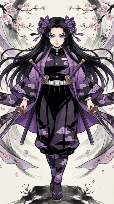 鬼灭之刃画风，全身中心对称女性角色，长发带发饰，身着黑紫配色队服，配日轮刀，柔美又飒爽预览效果