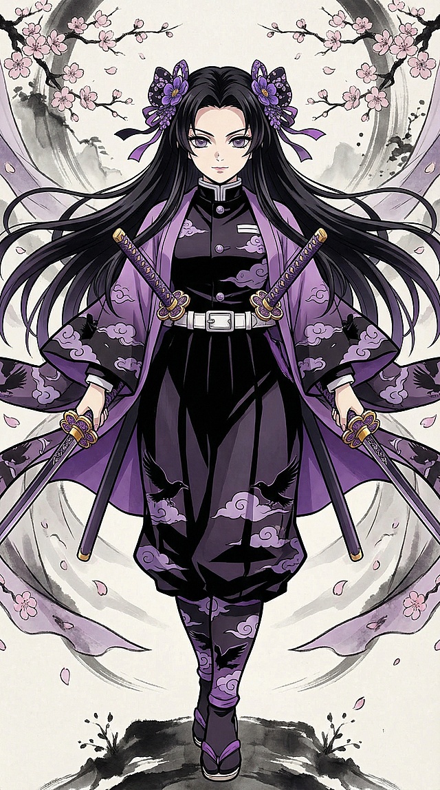 鬼灭之刃画风，全身中心对称女性角色，长发带发饰，身着黑紫配色队服，配日轮刀，柔美又飒爽