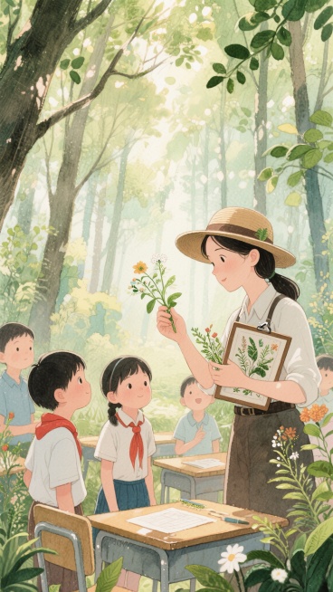 水彩插画风格，森林课堂场景，植物学家气质的女老师戴宽檐帽、手持标本夹，带领小学生观察奇花异草，阳光穿透树叶形成光斑，氛围清新治愈，突出老师对自然知识的探索引导力预览效果
