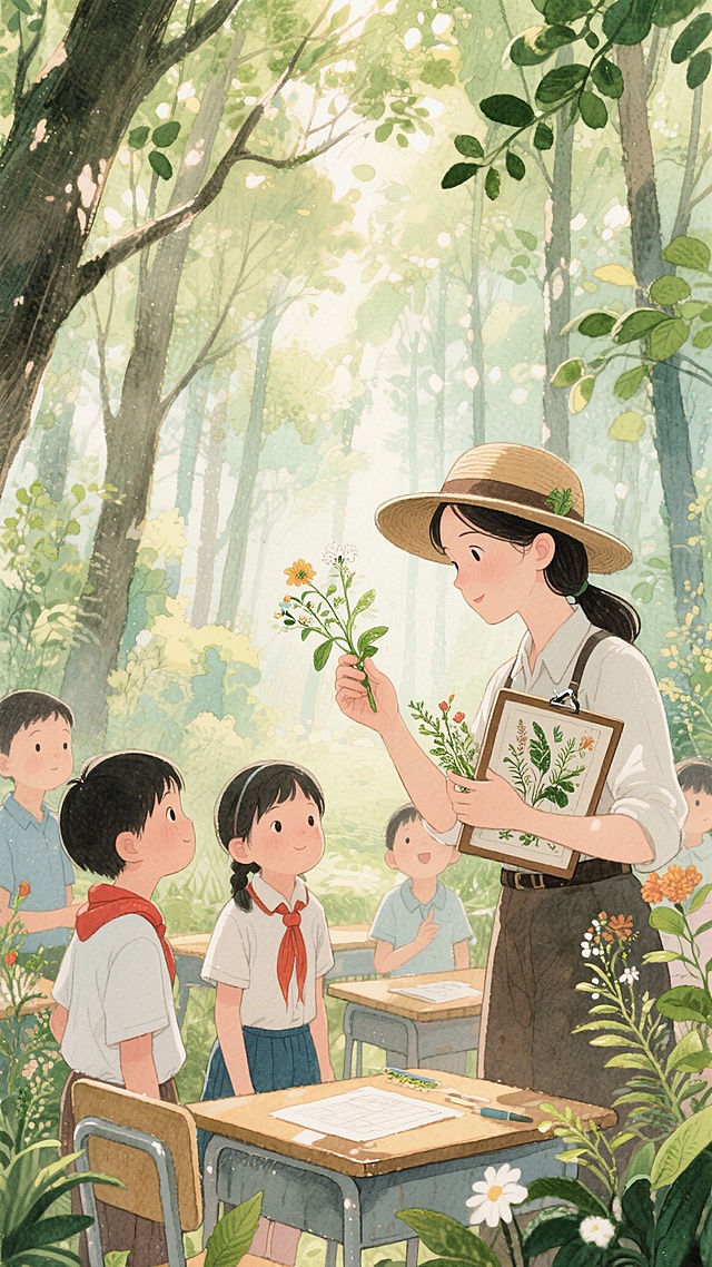 清新水彩风插画，手账感森林课堂，师生共赏花草，自然教育温馨场景。