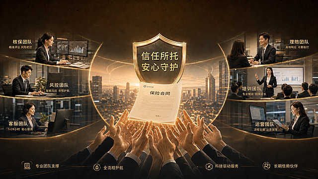 去除图片中间的三个人物，保持原图整体商务高端风格和左侧右侧各个团队文字介绍不变，在图片底部替换成很多双手从下往上托住中间保险合同和盾牌标志的设计，保持整体色调一致