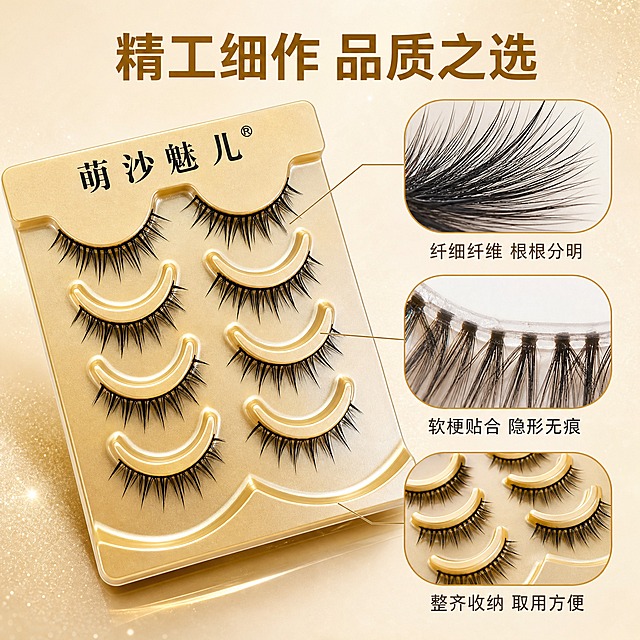 [主图-3] 萌沙魅儿 自然纤长假睫毛 材质工艺与细节卖点。
[统一基调] 精致高级美妆风，香槟金+奶白主色调，黑色睫毛强对比，主标题用干净非衬线粗体，辅助文字用同系列细体，整体专业品质感，淘宝天猫风格。
[画面] 金色睫毛托盘斜向摆放，占画面约55%，产品外观与输入图一致。画面中用放大引线框展示3处关键细节：①睫毛纤维特写，展示纤细柔软的黑色纤维材质；②睫毛根部透明软梗特写，展示柔软贴合的隐形梗部；③托盘卡槽设计，展示整齐排列的收纳结构。背景为浅香槟金渐变，点缀细微金色颗粒质感。
[光影质感] 微距商业摄影质感，细节放大区域光线充足，纤维纹理清晰可见，软梗的透明质感真实，托盘金属光泽细腻，整体立体感强。
[配色] 主色香槟金+奶白，睫毛黑色，透明梗半透明白色，标题深金色，引线和标注文字深灰色。
[文字版式] 顶部主标题"精工细作 品质之选"，3处放大引线旁分别标注"纤细纤维 根根分明""软梗贴合 隐形无痕""整齐收纳 取用方便"，文字清晰，引线纤细优雅，不遮挡产品主体。
[输出要求] 1:1正方形，2K高清，产品和细节放大均清晰锐利，文字可读，无变形错字，无水印，无平台Logo。