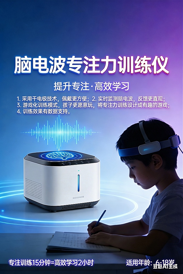 在这张脑电波专注力训练仪海报中添加以下产品卖点文字：1. 采用干电极技术，佩戴更方便；2. 实时监测脑电波，反馈更直观；3. 游戏化训练模式，孩子更愿意玩，将专注力训练设计成有趣的游戏；4. 训练效果有数据支持。修正文字错误，排版美观，保持原有海报科技风格和整体布局和谐