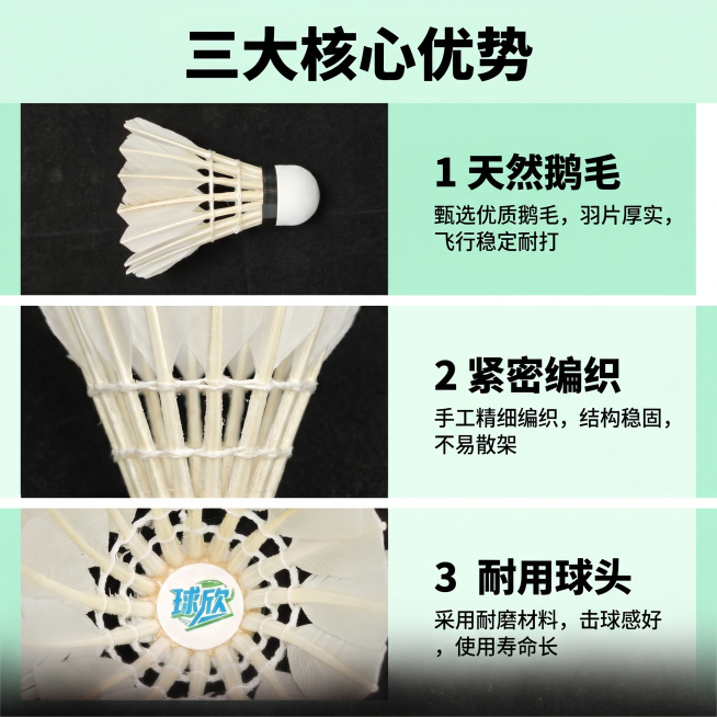 [主图 2 优化重绘] 球欣羽毛球核心卖点展示图
[氛围风格] 清晰专业，运动活力，信息直观
[画质] 商业摄影质感，产品清晰真实，层次分明，画面干净高级
[元素] 保持球欣羽毛球产品外观与输入产品图预览效果
