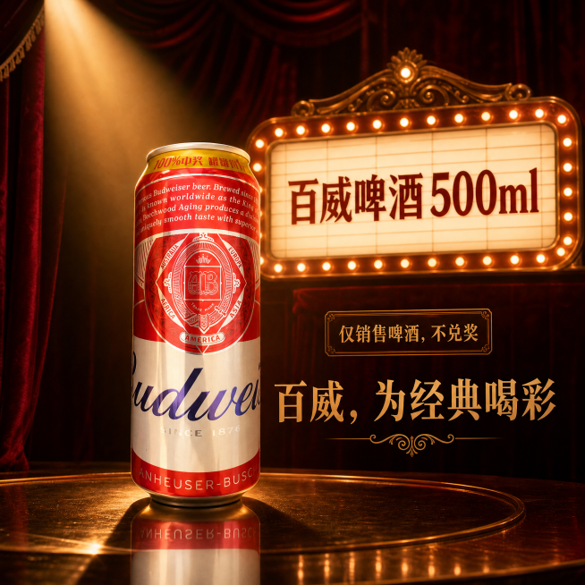 基于提供的百威500ml易拉罐图片，保持易拉罐上所有原始标签和文字完全不修改，只调整易拉罐的反光以适配复古剧院场景。场景中有深红色丝绒幕布，金色聚光灯照亮易拉罐，背景有复古剧院灯箱招牌亮着灯光写着"百预览效果