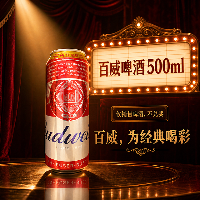 基于提供的百威500ml易拉罐图片，保持易拉罐上所有原始标签和文字完全不修改，只调整易拉罐的反光以适配复古剧院场景。场景中有深红色丝绒幕布，金色聚光灯照亮易拉罐，背景有复古剧院灯箱招牌亮着灯光写着"百威啤酒500ml"，还有一个醒目的小警示标牌写着"仅销售啤酒，不兑奖"，优雅字体展示宣传语"百威，为经典喝彩"，整体氛围温暖、戏剧感、奢华，不要烟花和小麦
