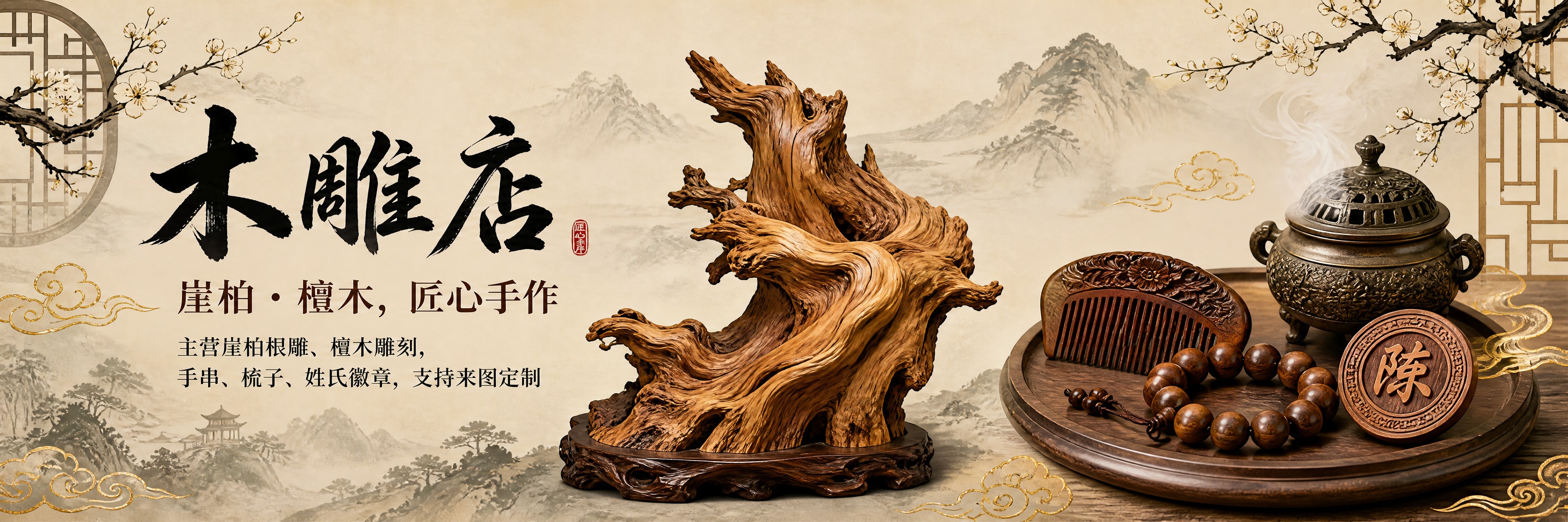 浅米色水墨国风超长横版宣传展板，比例约3:1（宽125cm×高… - 图片创意预览