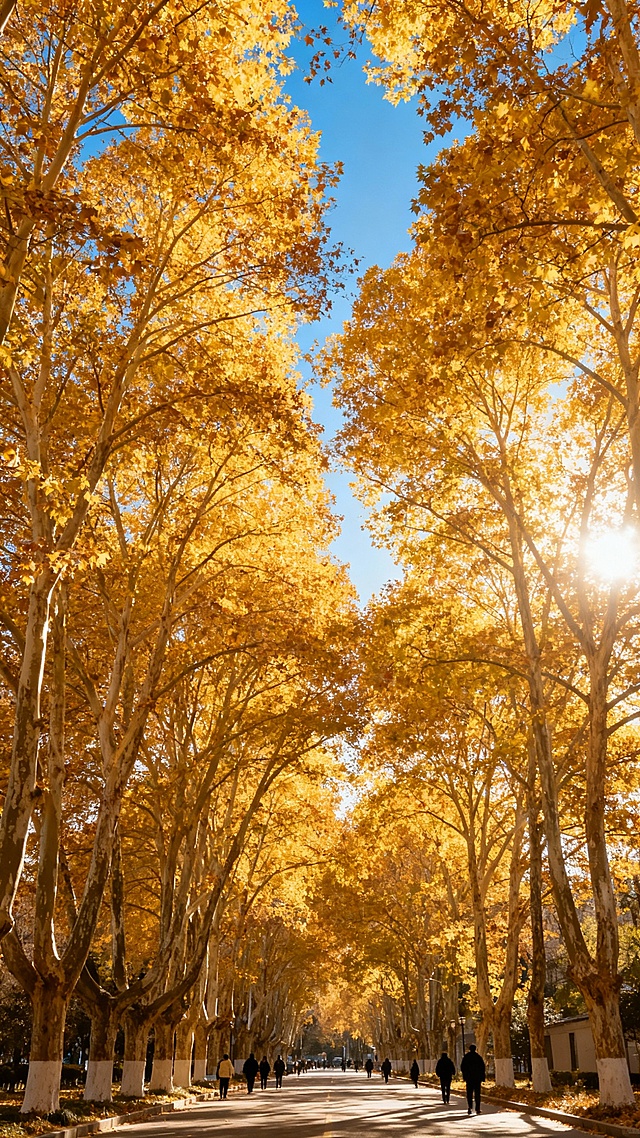秋日林荫道，金黄落叶铺就温暖光影，自然风与文艺感交织，营造静谧宽阔的视觉氛围，实景感十足，肌理细腻，唯美清新。