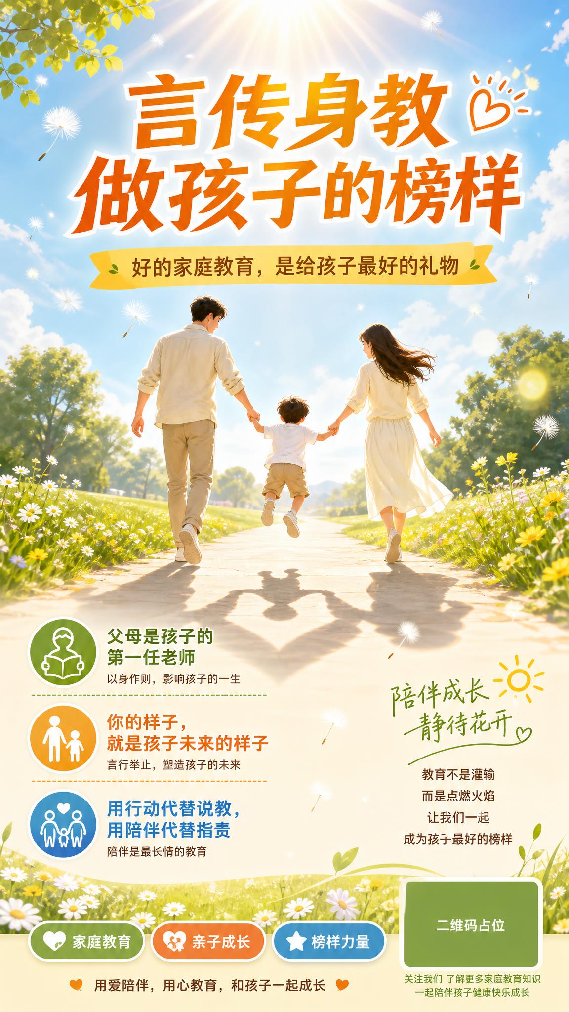 一张家庭教育主题形象海报，竖版9:16，明亮清新治愈风格。画面… - 图片创意预览