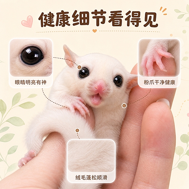 [主图-3] 细节与安全，展示蜜袋鼯幼崽的健康细节和繁育保障，证明幼崽状态好、来源正规，解决买家对健康和安全的顾虑。
[统一基调] 整体风格软萌治愈、专业靠谱，暖奶油色主背景，搭配浅粉和浅绿辅助色，强调色用暖橘色，圆角白色半透明卡片，圆润可爱无衬线字体，标题字色深棕，辅助字色浅棕，图标用线性可爱风。
[画面] 画面中心是蜜袋鼯幼崽的上半身近景特写，幼崽外观与参考图一致，重点展示清澈的大眼睛、粉嫩的鼻子和爪子、蓬松干净的毛发，体现健康状态。幼崽占画面约50%。周围分布三个圆角画中画小卡片，用细引线连接到对应部位：左上角卡片连接到眼睛，卡片内是眼睛特写；右上角卡片连接到爪子，卡片内是粉爪特写；底部卡片连接到毛发，卡片内是绒毛纹理特写。背景暖奶油色，有轻微的浅绿叶子装饰。
[光影质感] 柔和侧光，突出毛发的蓬松质感和皮肤的粉嫩通透，眼睛有明显高光显得有神，特写卡片内细节清晰，整体干净明亮。
[配色] 主背景暖奶油色，卡片白色半透明，引线浅棕色，标题深棕色，辅助文字浅棕色，整体色调统一。
[文字版式] 顶部居中大标题「健康细节看得见」，圆润粗体深棕色。三个画中画卡片下方各有一行小字说明：左上「眼睛明亮有神」，右上「粉爪干净健康」，底部「绒毛蓬松顺滑」，字号小，浅棕色。引线从文字指向幼崽对应部位，线条细而柔和。
[输出要求] 1:1正方形，2048px，细节清晰，文字可读，整体干净专业；负向：变形、错字、模糊、杂乱、水印、平台Logo、蜜袋鼯生病状态、毛发脏乱、眼睛无神。
