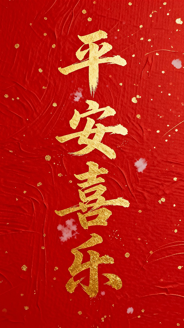 纯红色背景，上面点缀着细密的金色纹理和斑点，中央是金色的毛笔书法字体“平安喜乐”，字体风格为传统中国书法，笔画粗细有致，带有自然的飞白和墨韵效果，整体呈现出喜庆、吉祥的氛围，视觉层次清晰，信息传达直接，符合传统节日祝福的设计感。