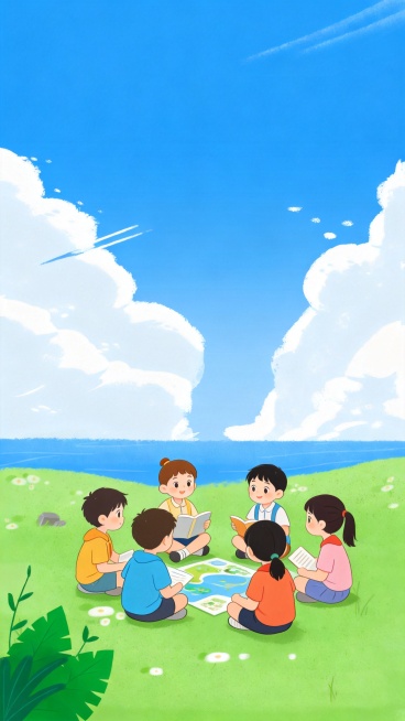 在现有河湖草岸风景中添加小朋友们护河湖学习知识的场景，保持整体画面和谐好看，不添加任何文字字体，延续原插画风格预览效果